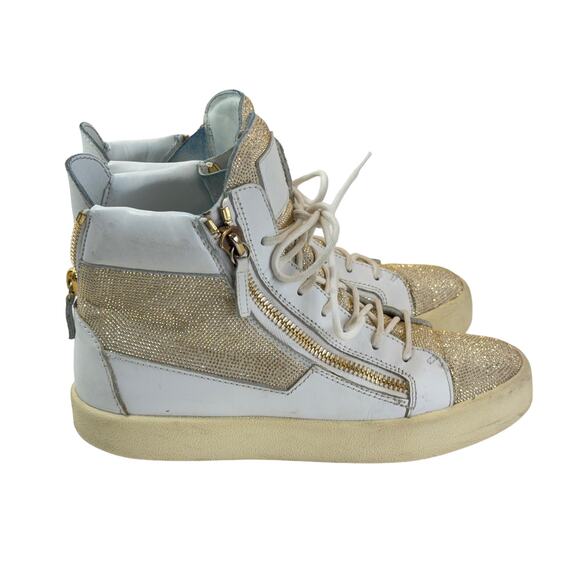 Giusseppi Zanotti Hightop Sneakers Womens 40 10 White Leather Gold Studded Boot - Picture 1 of 16